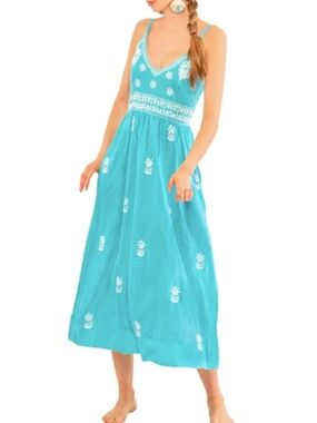 VACATION🔥 PREPPY PALM BEACH RESORTWEAR AQUA EMBROIDERED 100% COTTON MIDI DRESS
